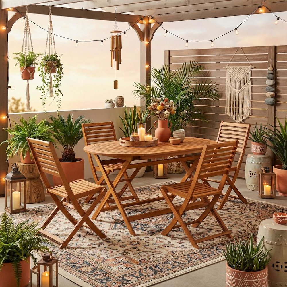Oil-Finish Wooden Patio Dining Table Set with 4 Outdoor Chairs. Picture 3