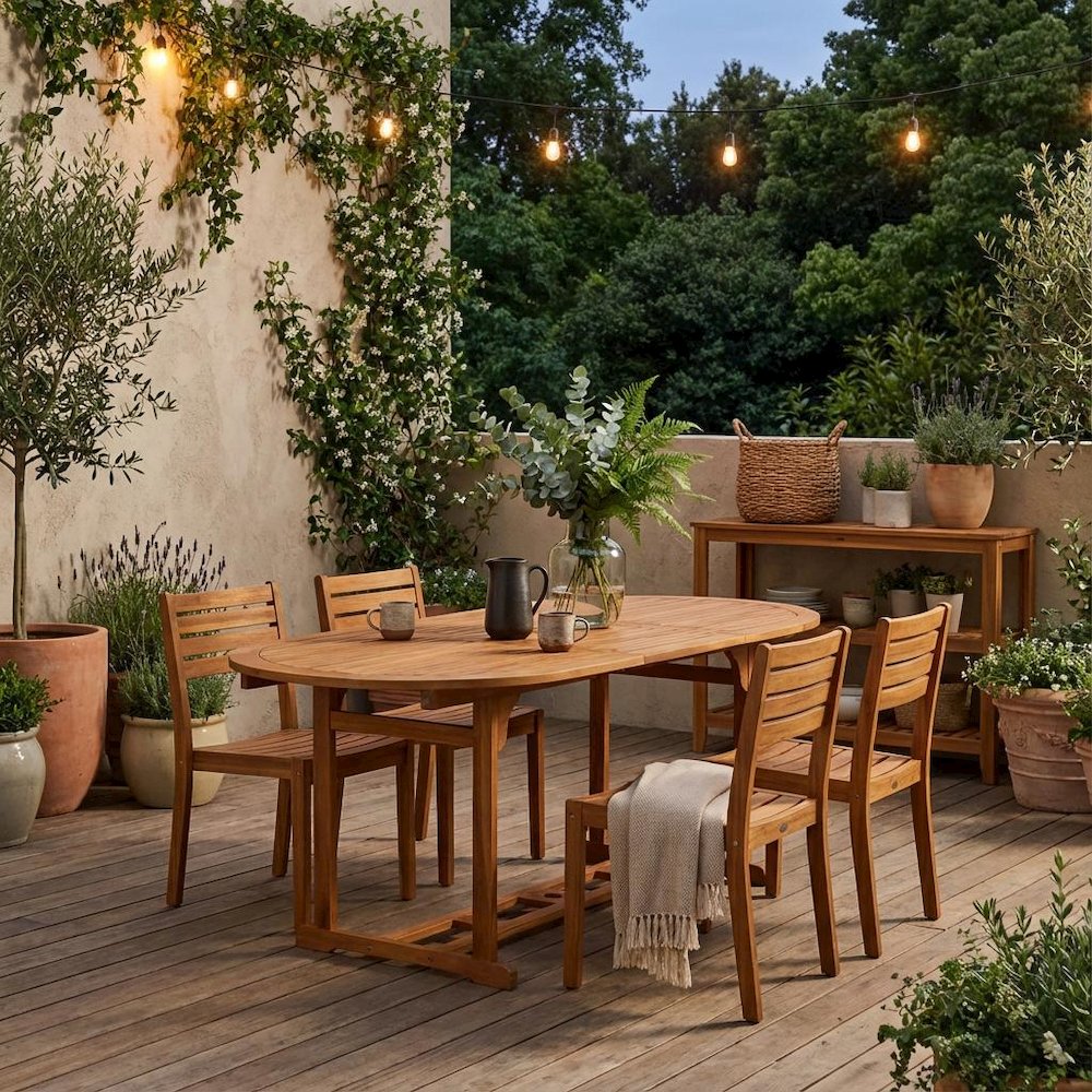 7-Piece Outdoor Patio Dining Set Nature-Tone Oil Finish Durable Wood Seating. Picture 2