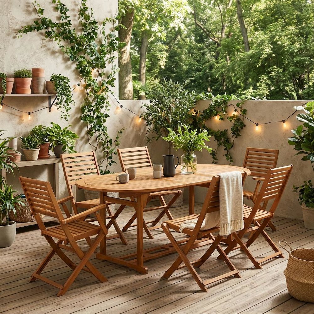 Wooden Patio Set with Nature-Inspired Oil, Dining Table and 6 Outdoor Chairs. Picture 2