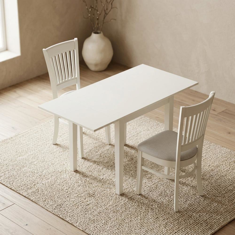 Wood Drop-Leaf Dining Table & Chairs 3-Piece Set, Small Space, Linen White. Picture 2