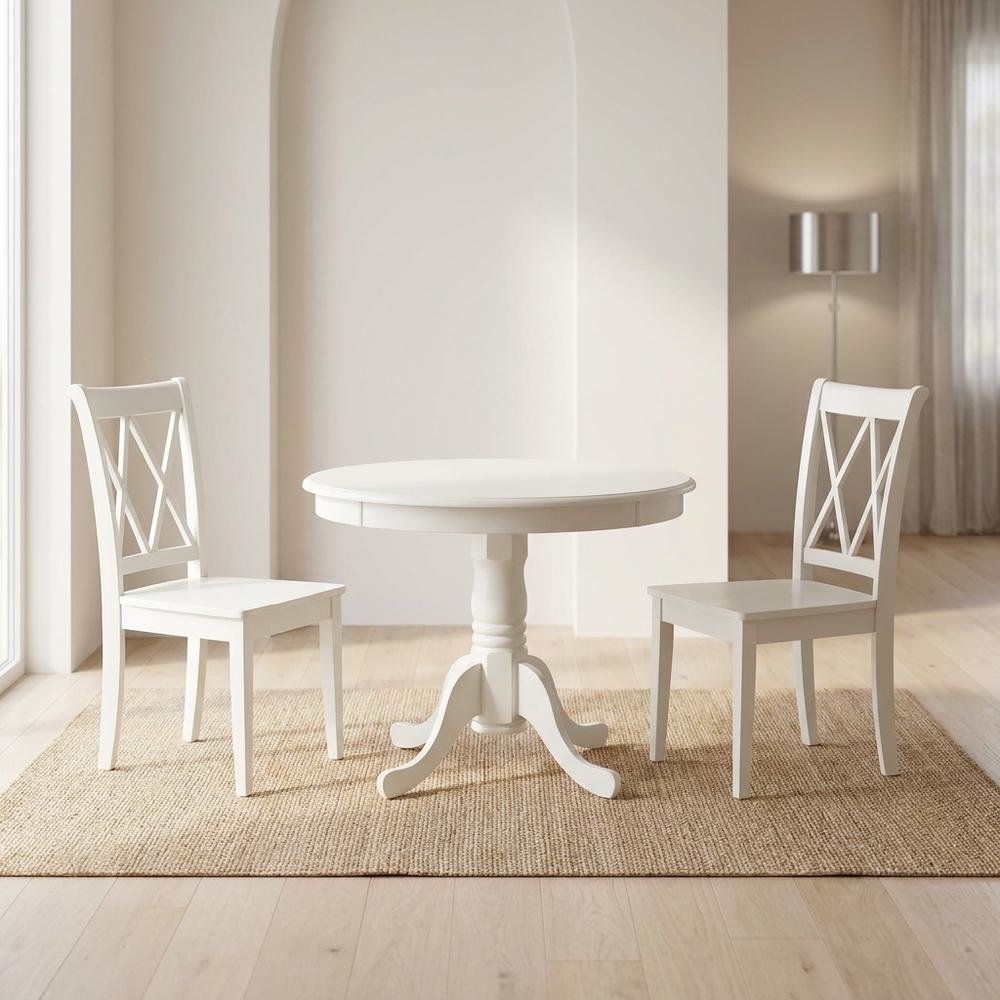 Wood Round Kitchen Table & Chairs 3-Piece, Pedestal Base, Linen White. Picture 3