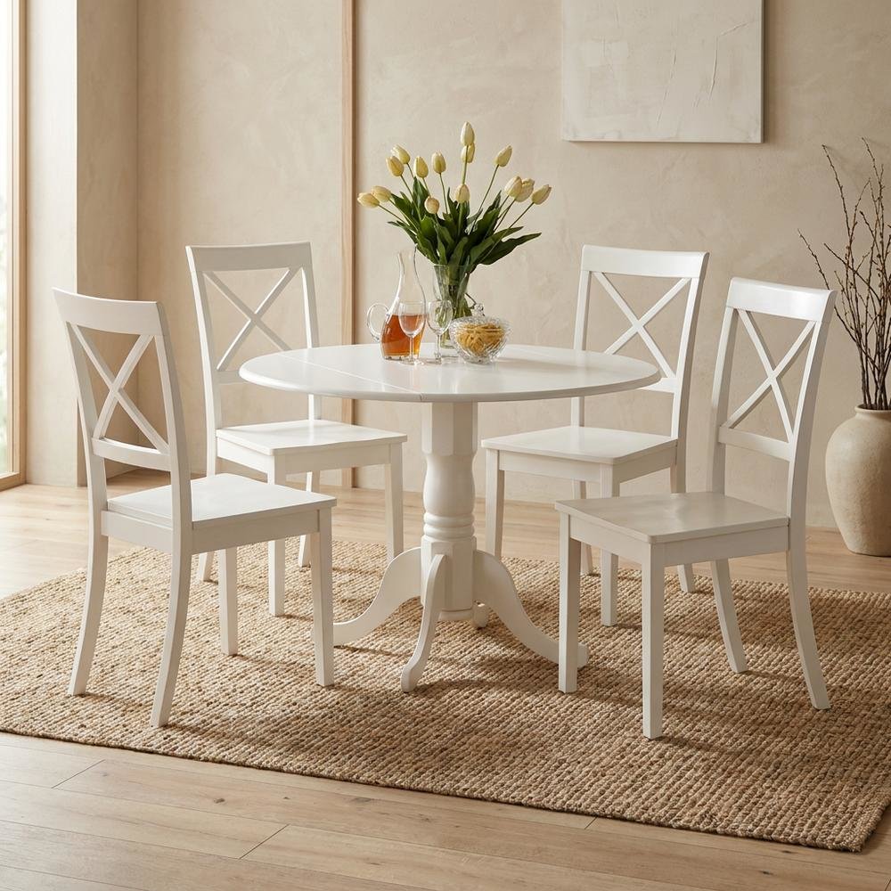 Solid Wood Round Kitchen Table 5-Piece, Drop Leaf, 4 Chairs, Linen White. Picture 2
