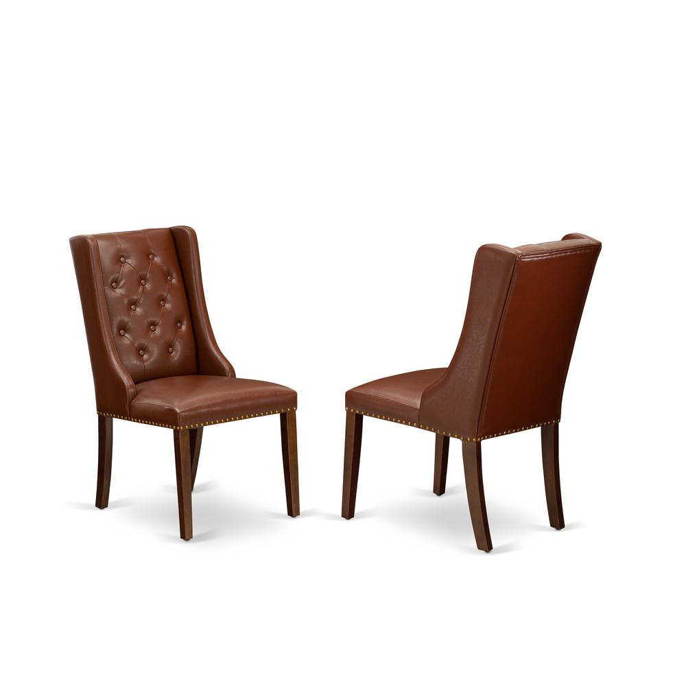 East West Furniture OXFO3-MAH-46 3-Piece Dining Room Table Set Includes 1 Wood Dining Table and 2 Brown Linen Fabric Upholstered Dining Chairs with Button Tufted Back - Mahogany Finish. Picture 3