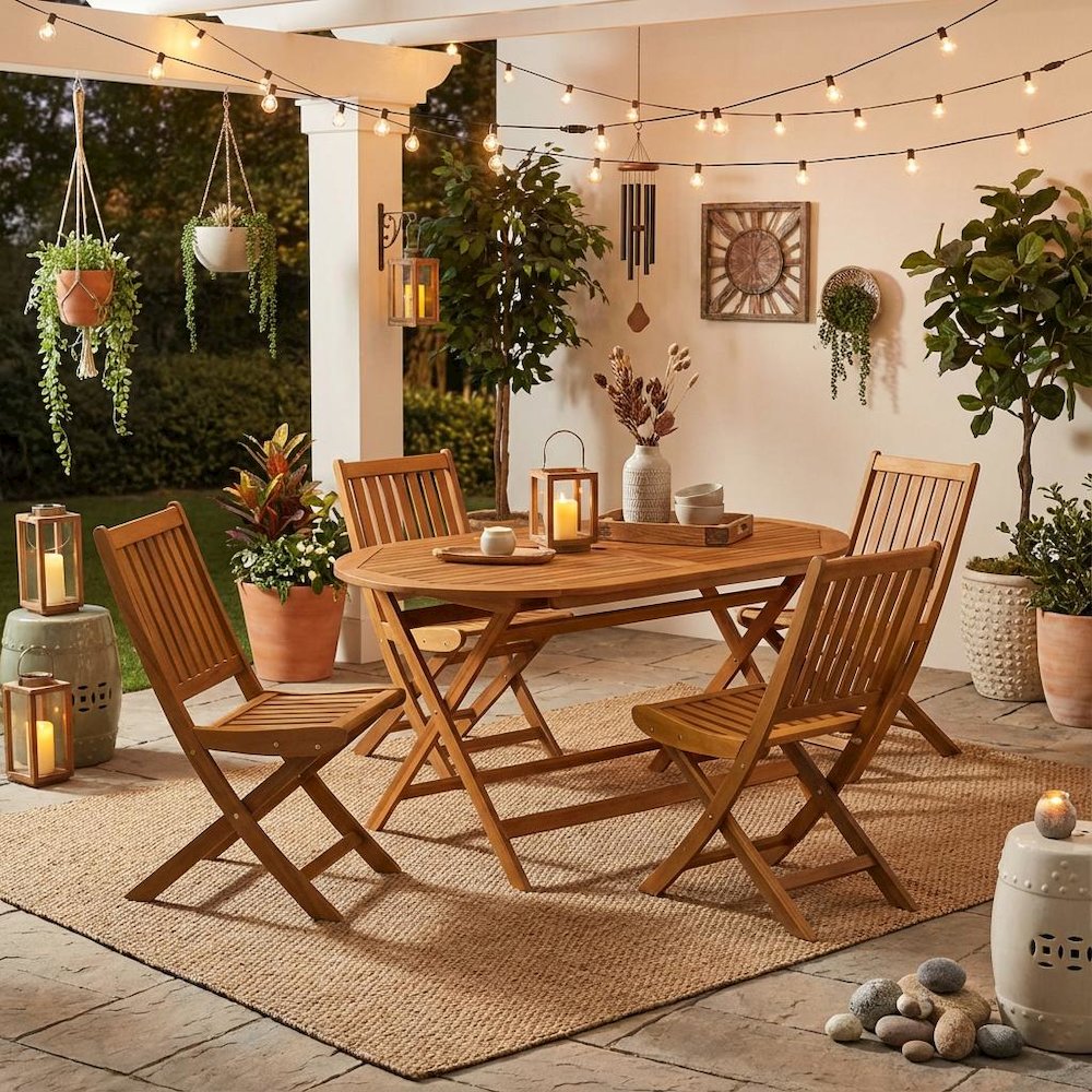 Wooden 5-Piece Outdoor Dining Set with 4 Slatted Back Chairs and Coffee Table. Picture 3