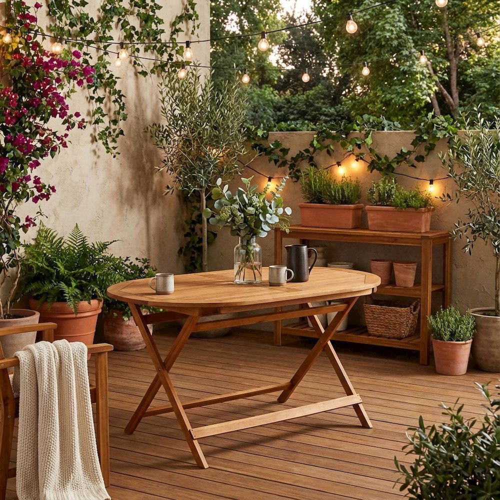 7-Piece Warm-Tone Oil Patio Dining Set with Weatherproof Wood and 6 Chairs. Picture 2
