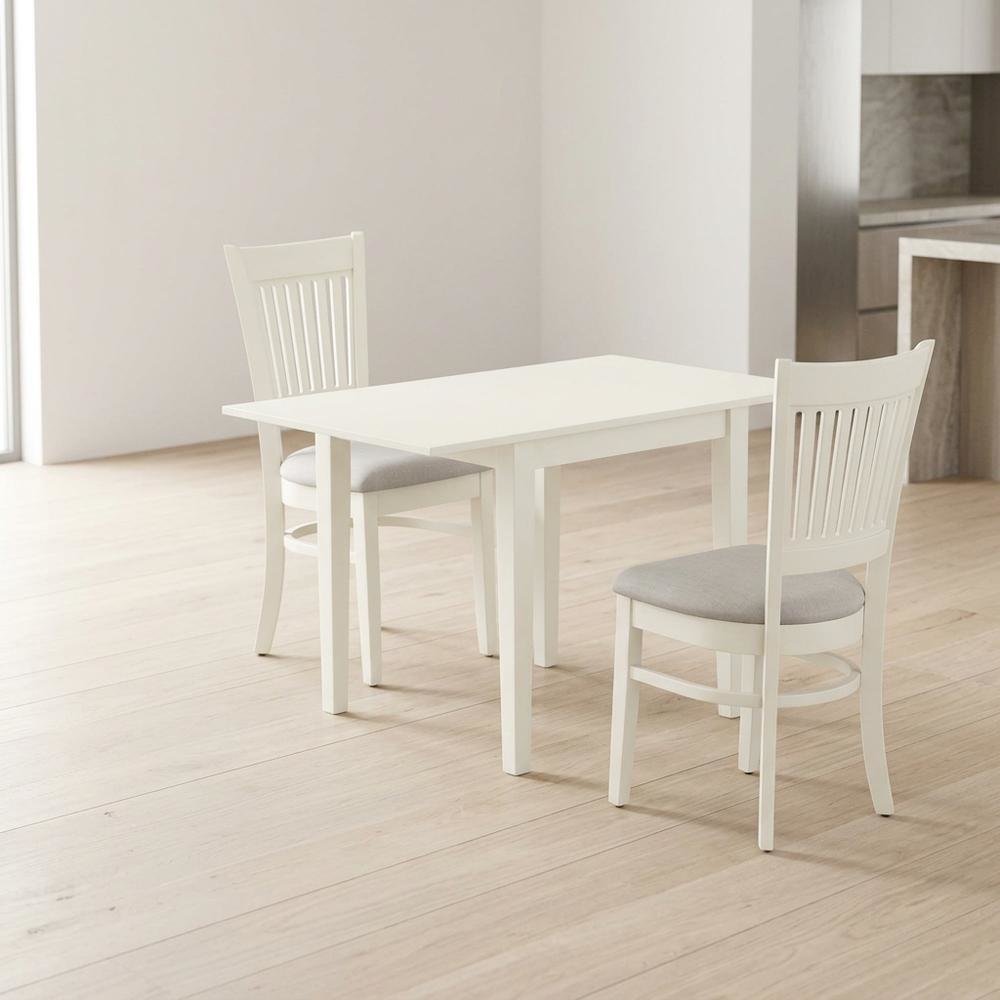 Wood Drop-Leaf Dining Table & Chairs 3-Piece Set, Small Space, Linen White. Picture 3