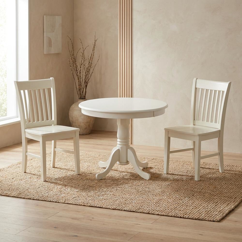 Round Kitchen Table & Chairs, Wood 3-Piece Set, Small Space, Linen White. Picture 2