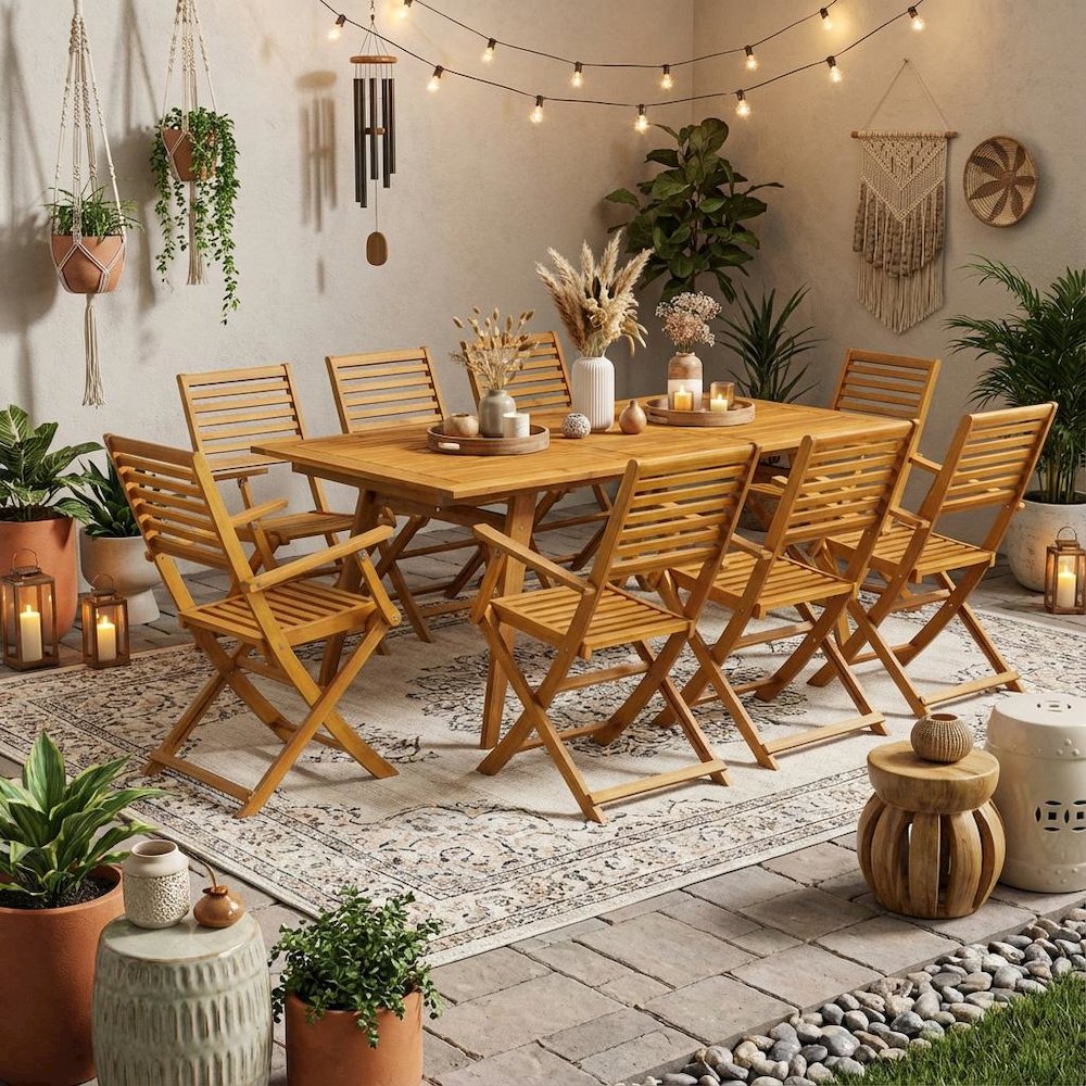 Wood-Tone Oil 9-Piece Patio Dining Set with Ladder Back Chairs and Wooden Table. Picture 3