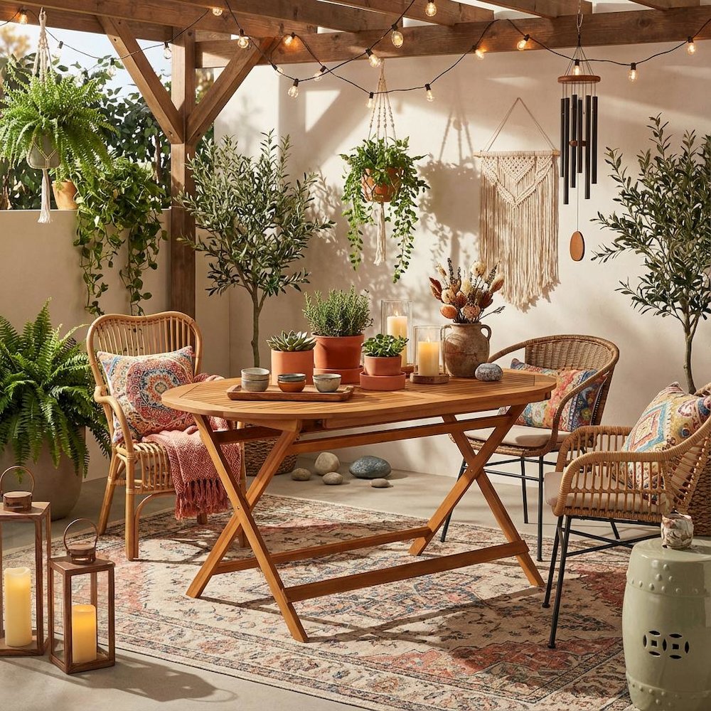 7-Piece Warm-Tone Oil Patio Dining Set with Weatherproof Wood and 6 Chairs. Picture 3