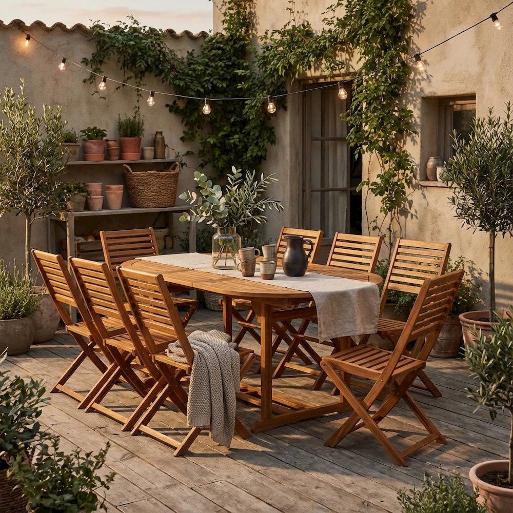 Oil-Finish Wooden Patio Set with Dining Table and 8 Outdoor Chairs. Picture 2