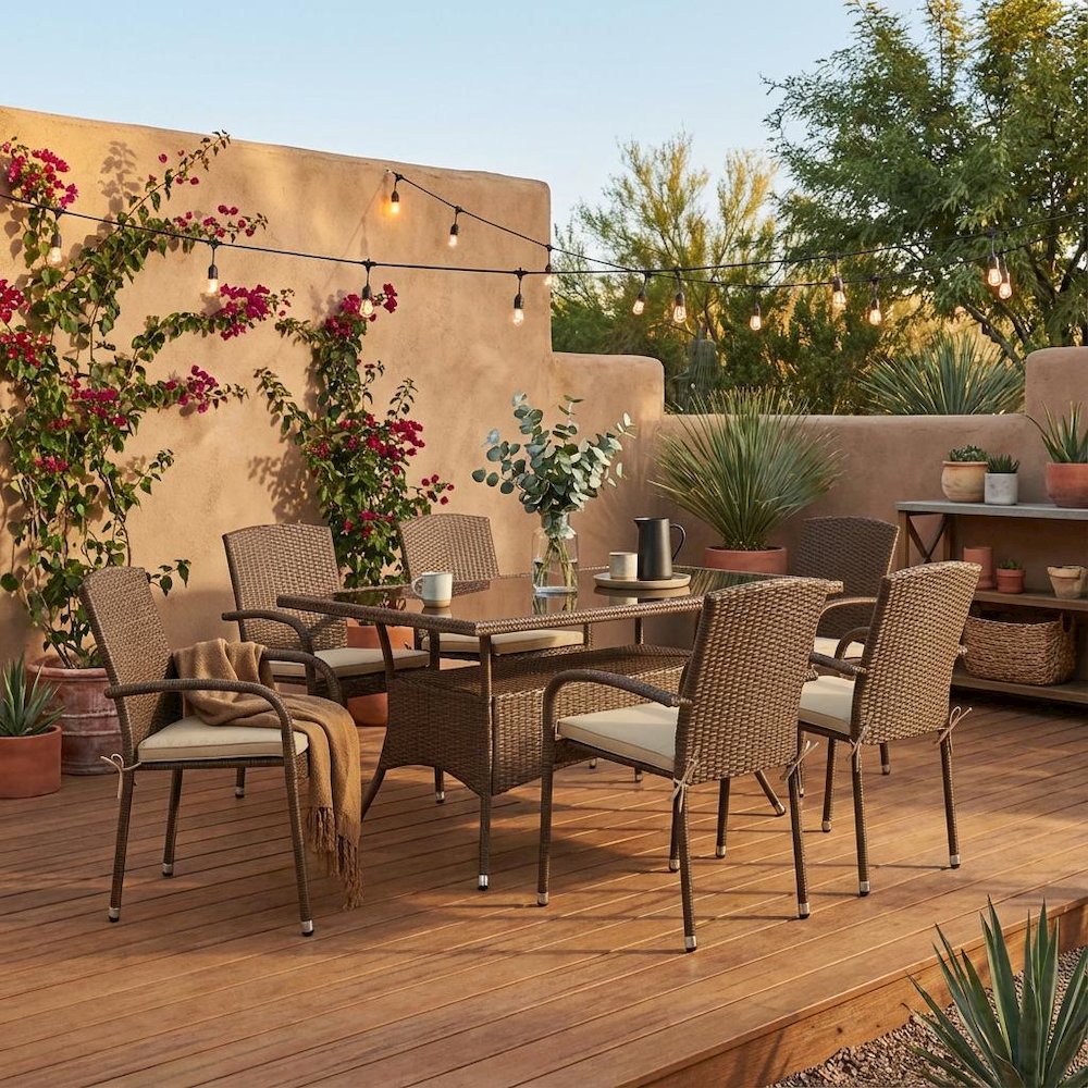 Brown Wicker Patio Set with Dining Table and 6 Outdoor Chairs. Picture 2