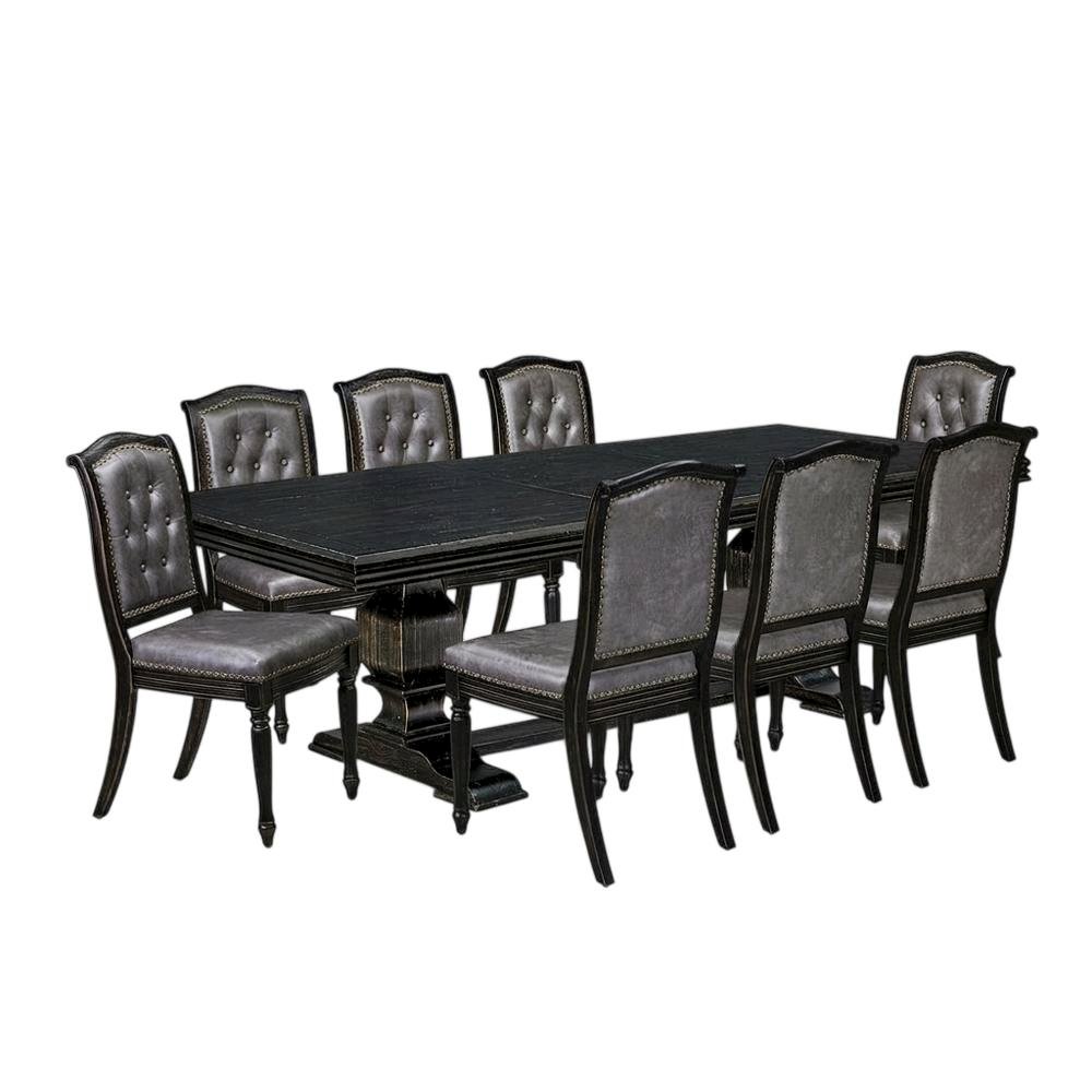Solid Wood Rectangular Dining Table & Button-Tufted Chairs 9-Piece, Dark Grey. Picture 4