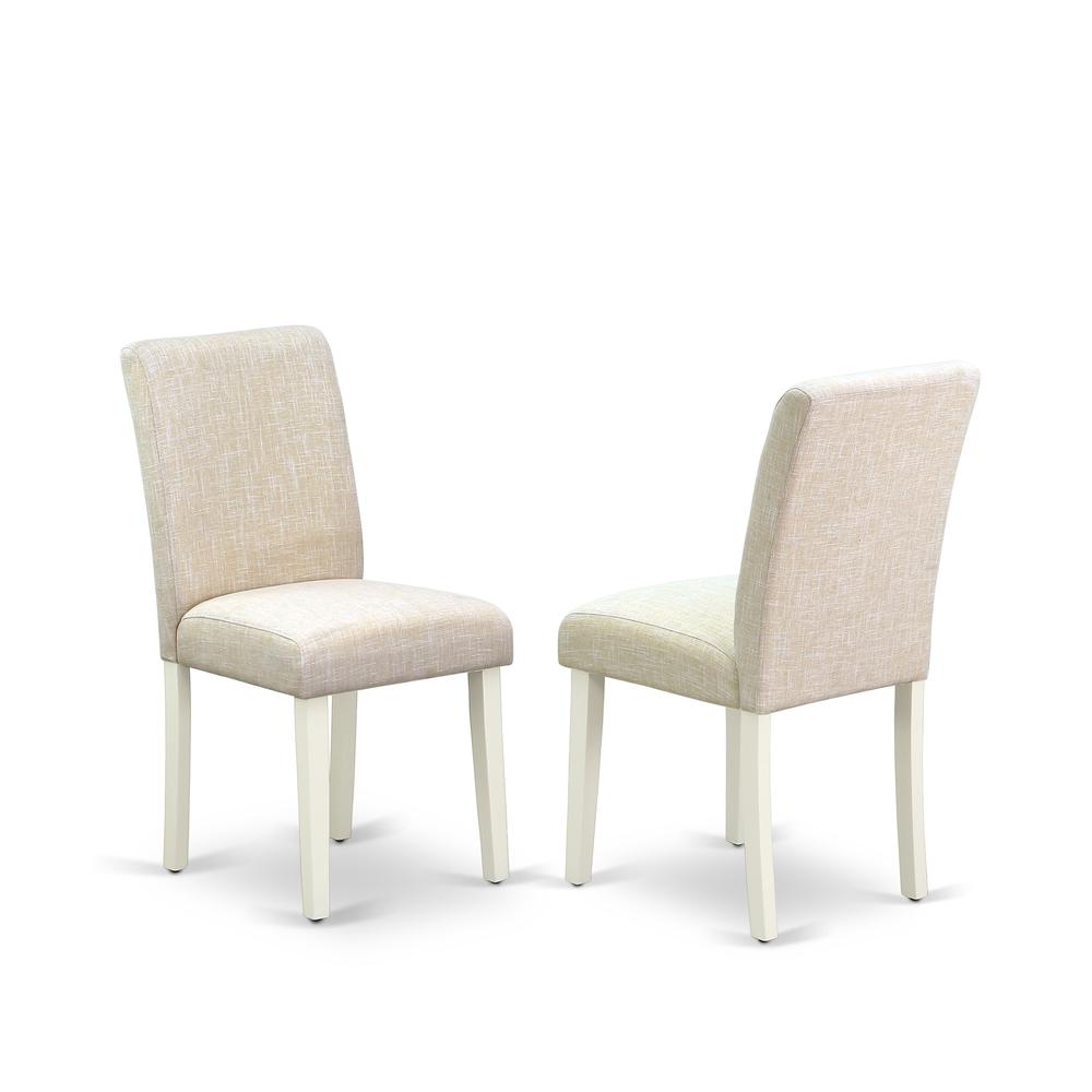 East West Furniture 6-Pc Dining Set-Light Beige Linen Fabric Seat and High Stylish Chair Back Parson Dining room chairs, A Rectangular Bench and Rectangular Top Modern Dining Table with Hardwood Legs. Picture 3