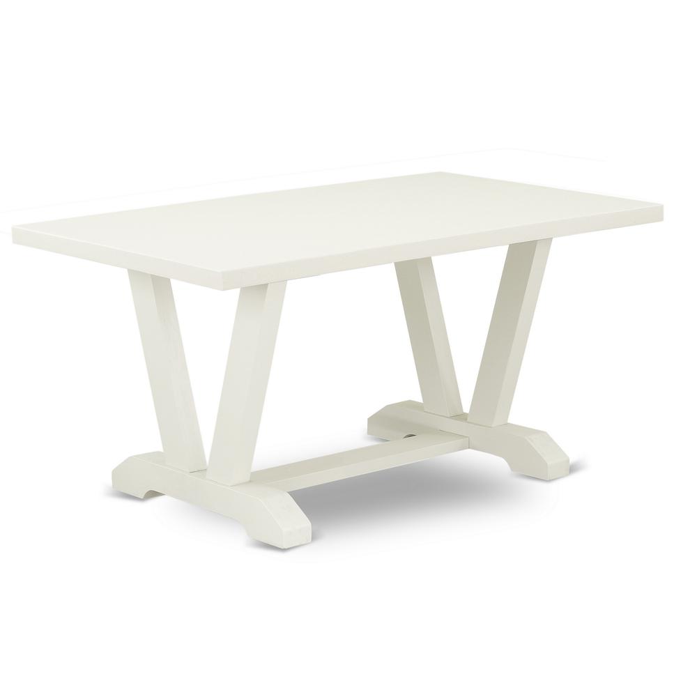 East West Furniture 6-Pc Dining Room Set- 4 Padded Parson Chairs with Baby Blue Linen Fabric Seat and Button Tufted Chair Back - Rectangular Top & Wooden Legs Dining Room Table and Kitchen Bench - Lin. Picture 2