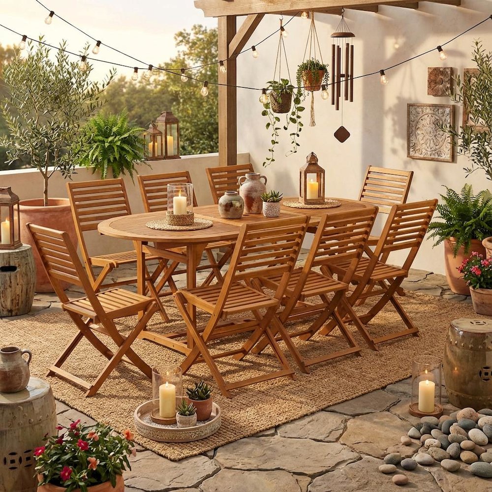 Oil-Finish Wooden Patio Set with Dining Table and 8 Outdoor Chairs. Picture 3