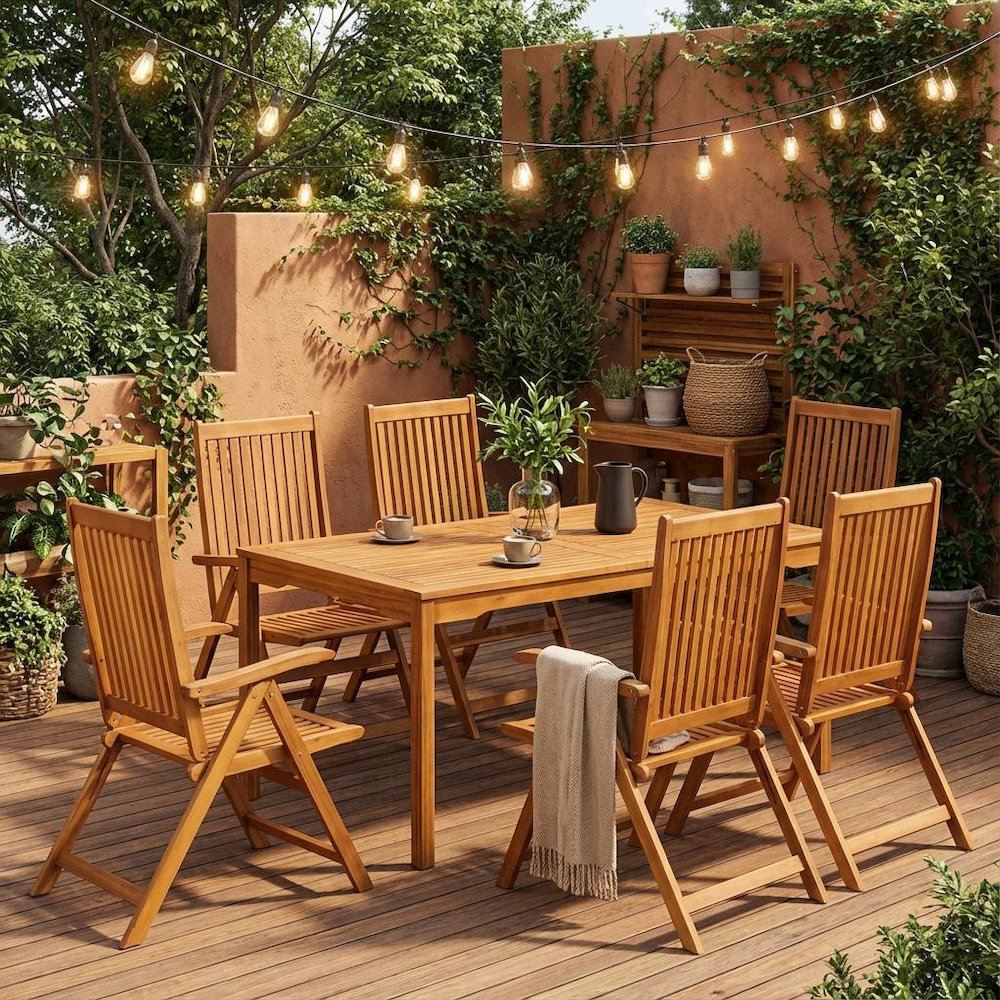 Wooden Patio Set Oil-Finish Dining Table with Outdoor 6 Chairs. Picture 2