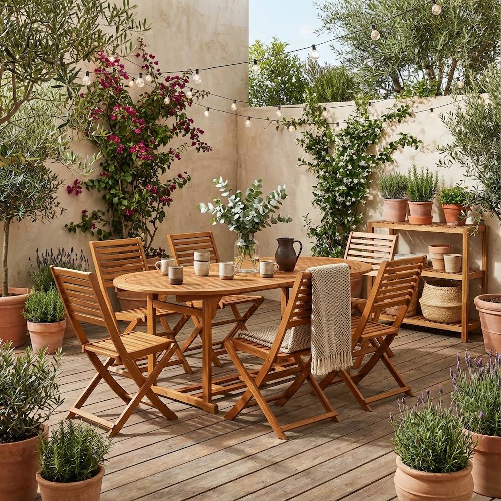 7-Piece Outdoor Patio Dining Set with Oval Acacia Wood Table and 6 Chairs. Picture 2