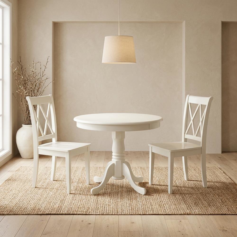 Wood Round Kitchen Table & Chairs 3-Piece, Pedestal Base, Linen White. Picture 2