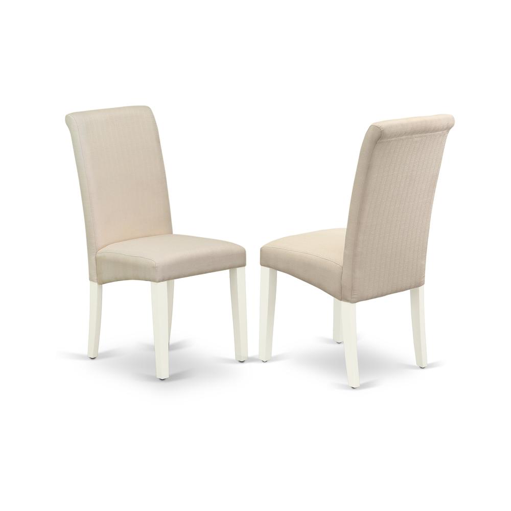 East West Furniture 7-Piece Awesome Dinette Set a Good Distressed Jacobean Wood Dining Table Top and 6 Lovely Linen Fabric Parson Chairs with High Roll Chair Back, Linen White Finish. Picture 3