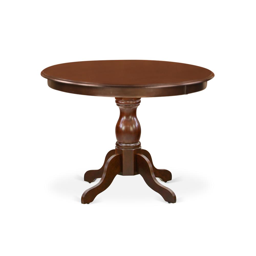 East West Furniture HBDR3-MAH-01 3 Piece Dining Room Table Set - Mahogany Round Dining Table and 2 Cream Linen Fabric Modern Dining Chairs with High Back - Mahogany Finish. Picture 2