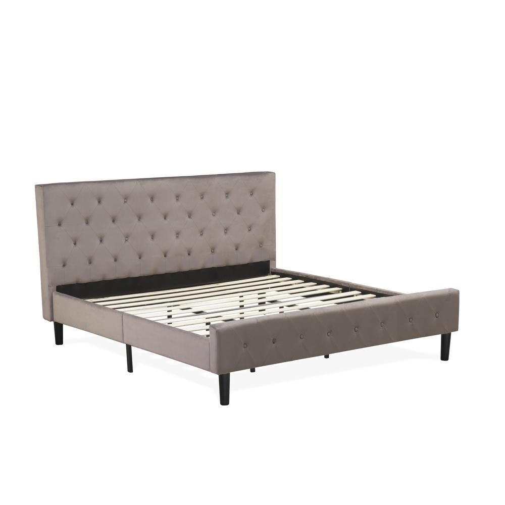 NLF-14-K Nolan Platform Bed Frame-Button Tufted Brown Taupe Velvet Fabric Upholstered Headboard & Footboard, Black Legs, King Size. Picture 4