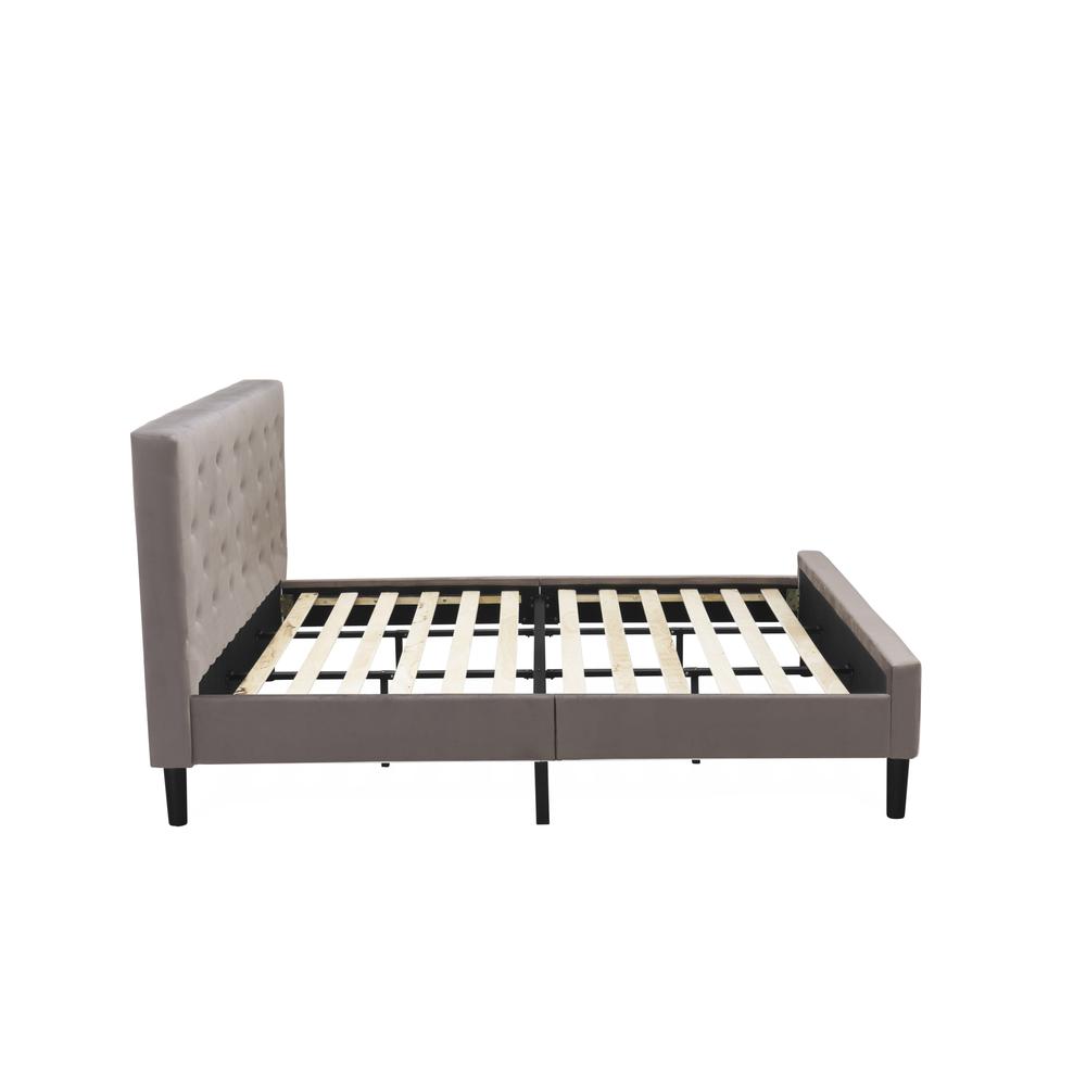 NLF-14-K Nolan Platform Bed Frame-Button Tufted Brown Taupe Velvet Fabric Upholstered Headboard & Footboard, Black Legs, King Size. Picture 5