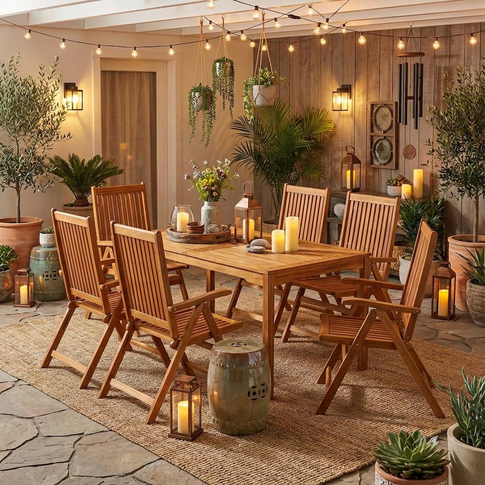 Wooden Patio Set Oil-Finish Dining Table with Outdoor 6 Chairs. Picture 3
