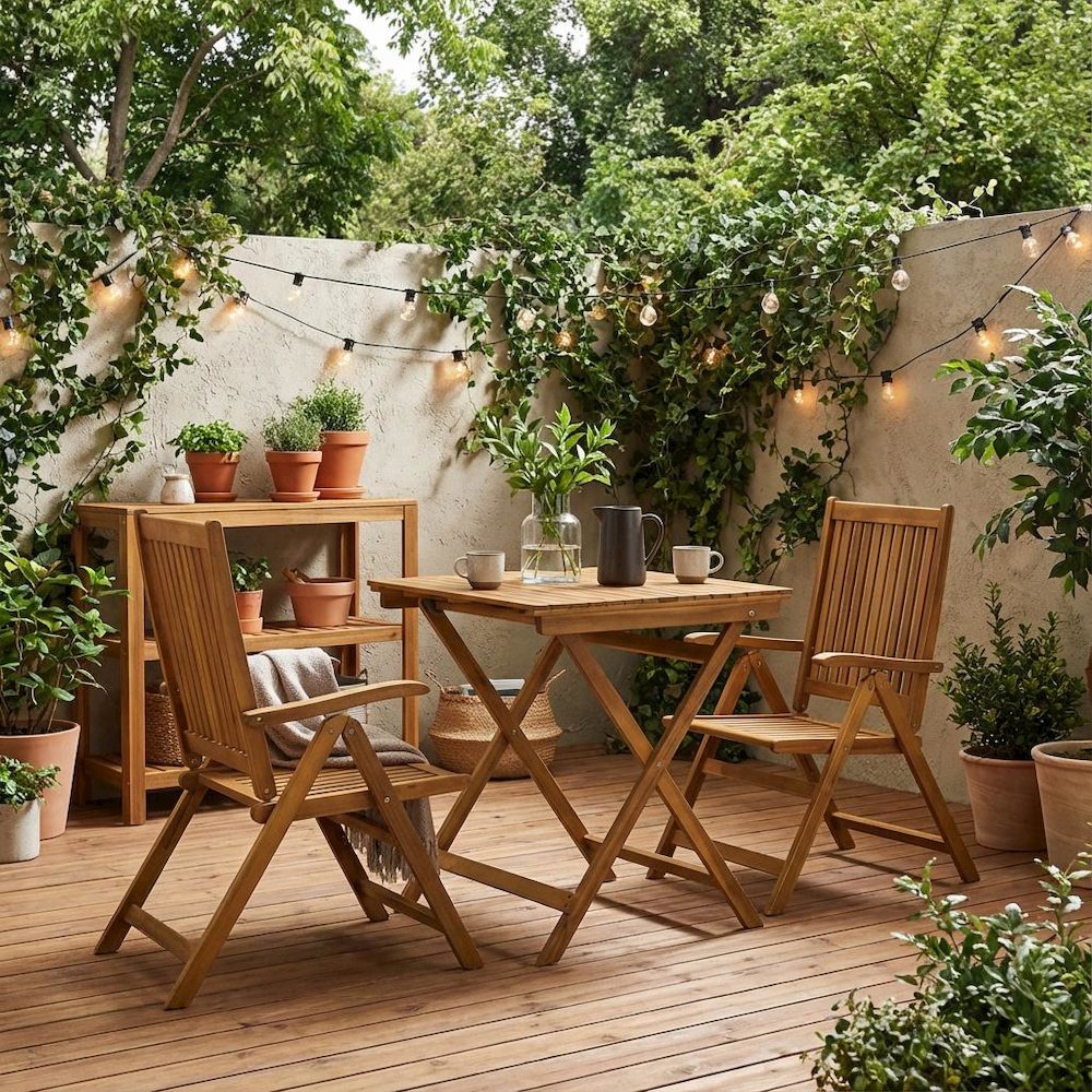 3-Pc Oil-Finish Wood Patio Dining Set with Folding Table and 2 Camping Chairs. Picture 2