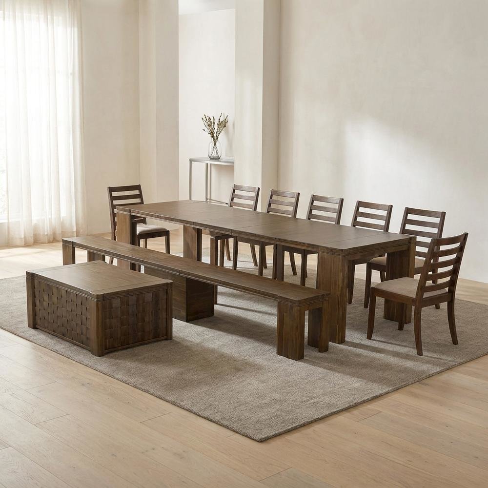 Solid Wood Extendable Dining 10-Piece, Chairs, Bench & Coffee, Antique Walnut. Picture 3