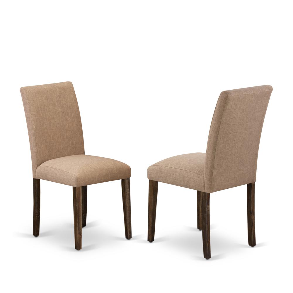 East West Furniture 5-Pc Kitchen and Dining Room Chairs Includes 4 Parson dining chairs with Upholstered Seat and High Back and a Rectangular Modern Kitchen Table - Distressed Jacobean Finish. Picture 3