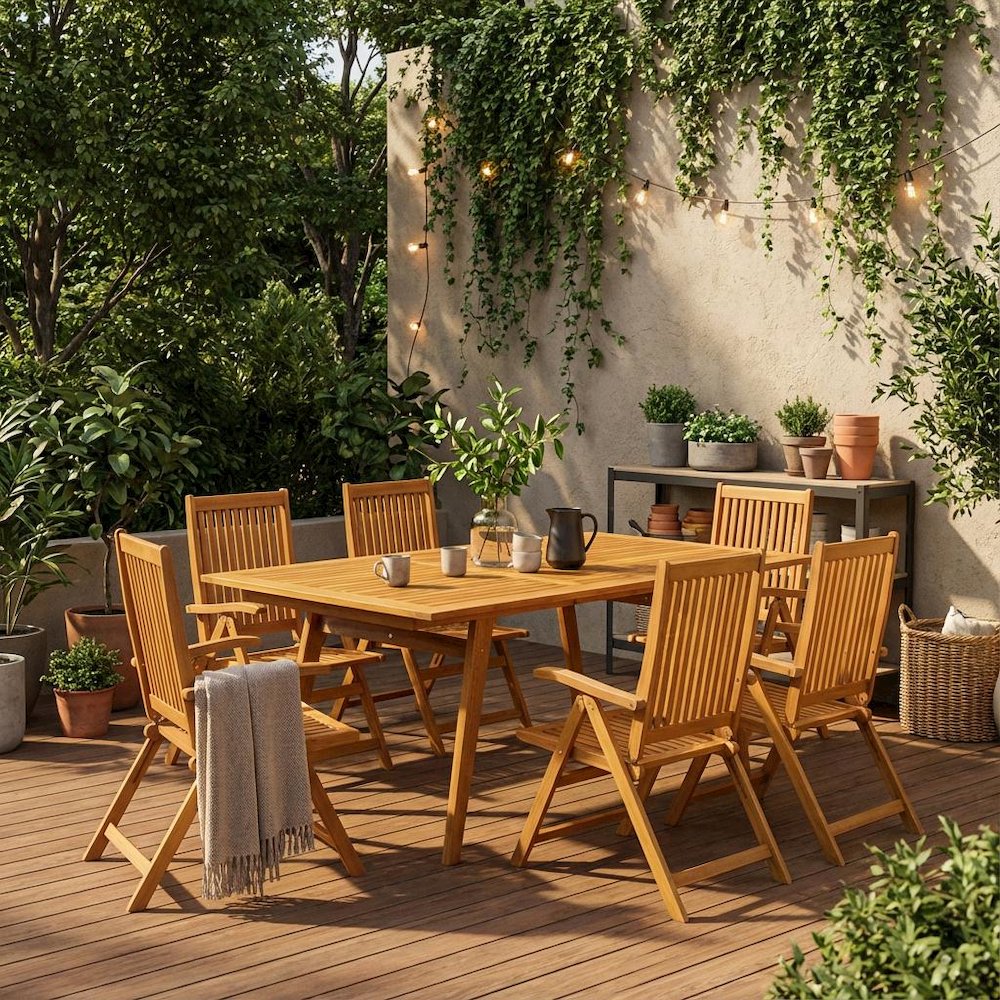 Clear Oil Finish 7-Piece Outdoor Dining Set - Slatted Back Chairs, Coffee Table. Picture 2