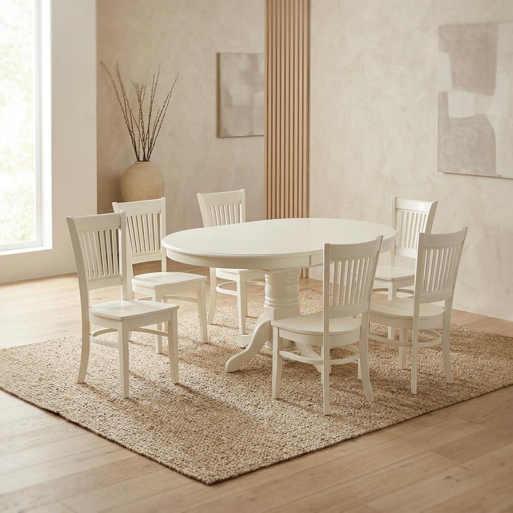 Butterfly Leaf Dining Table 7-Piece, Slatted-Back Wood Chairs, Linen White. Picture 2
