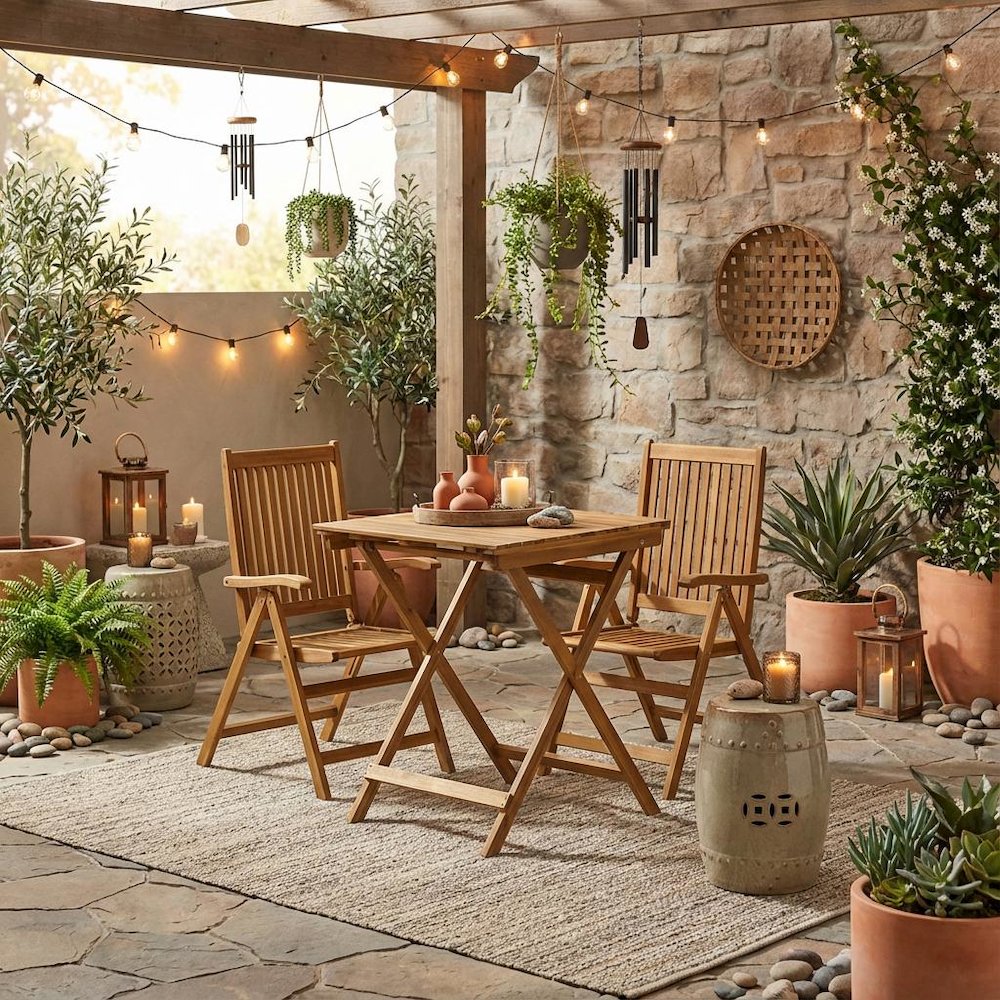 3-Pc Oil-Finish Wood Patio Dining Set with Folding Table and 2 Camping Chairs. Picture 3