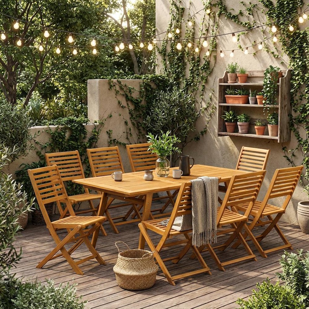 9-Piece Oil-Finish Patio Set with Ladder Back Chairs and Wood Table Legs. Picture 2