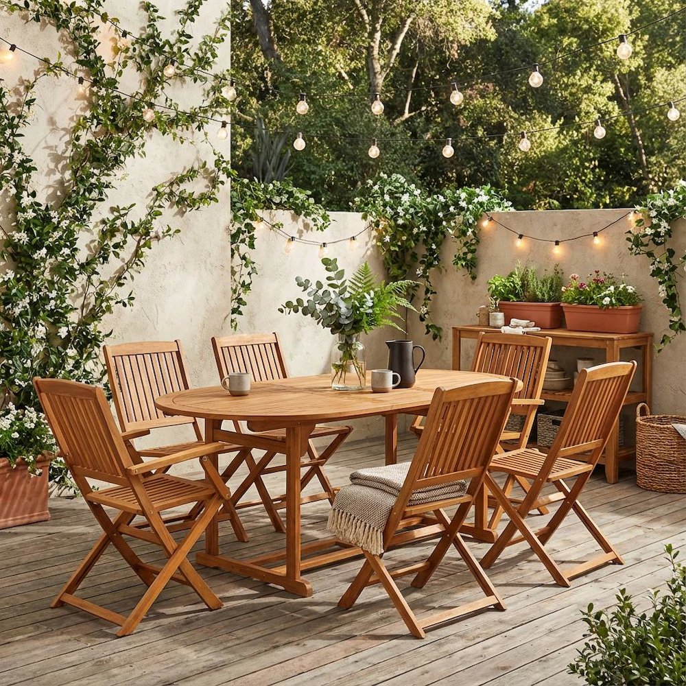 Wooden Patio Set Oil-Finish with Dining Table and 8 Chairs. Picture 2