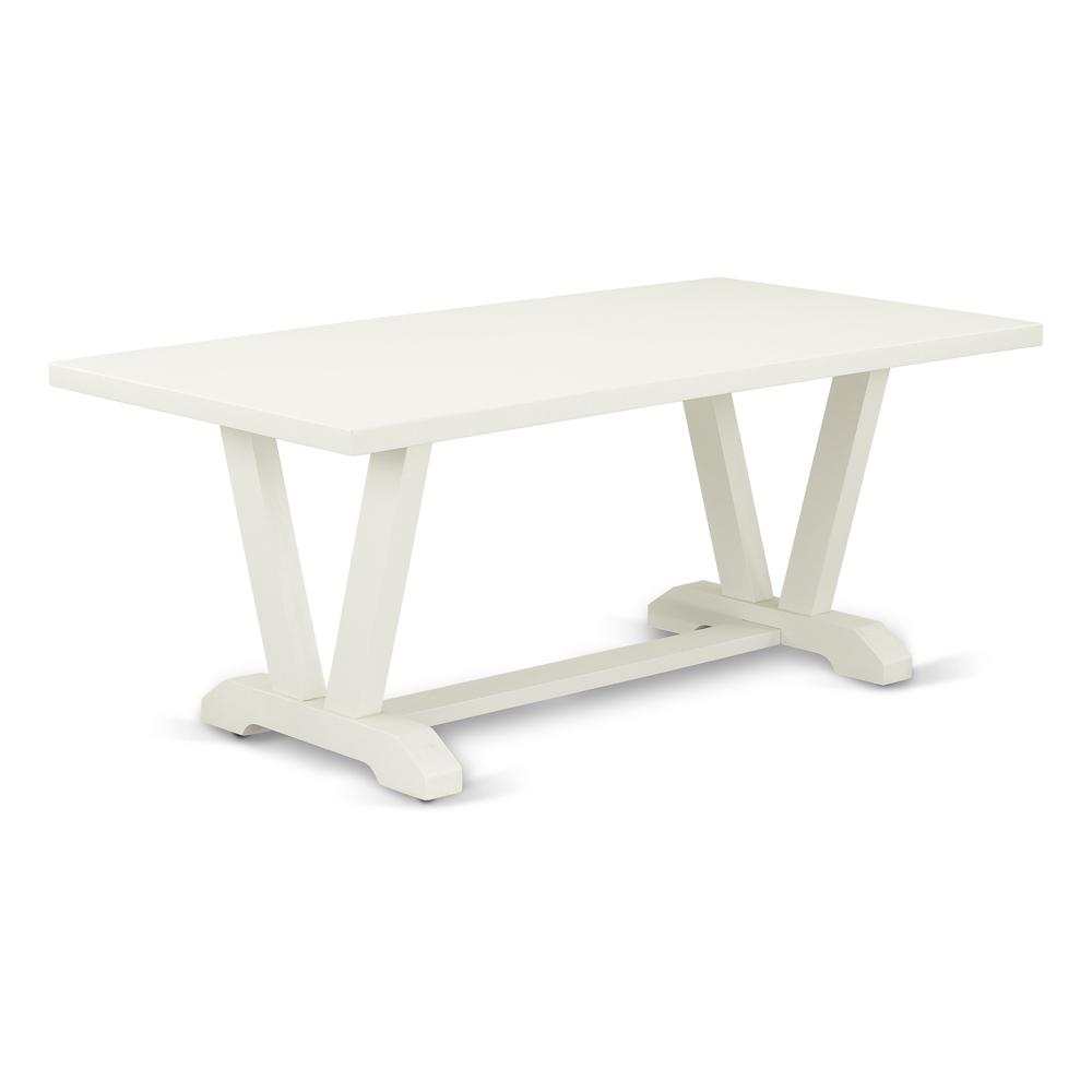 East West Furniture 5-Pc Dining Table Set- 4 Dining Padded Chairs with Baby Blue Linen Fabric Seat and Button Tufted Chair Back - Rectangular Table Top & Wooden Legs - Linen White Finish. Picture 2