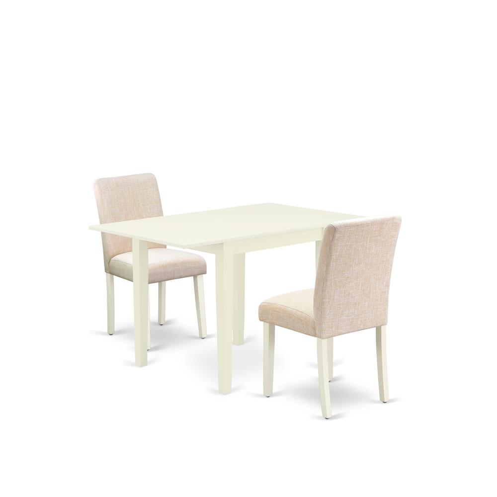 East West Furniture 3-Piece Dining Room Table Set-A Dinning Table and 2 Linen FabricKitchen Chairs with High Back - Linen White Finish. Picture 1