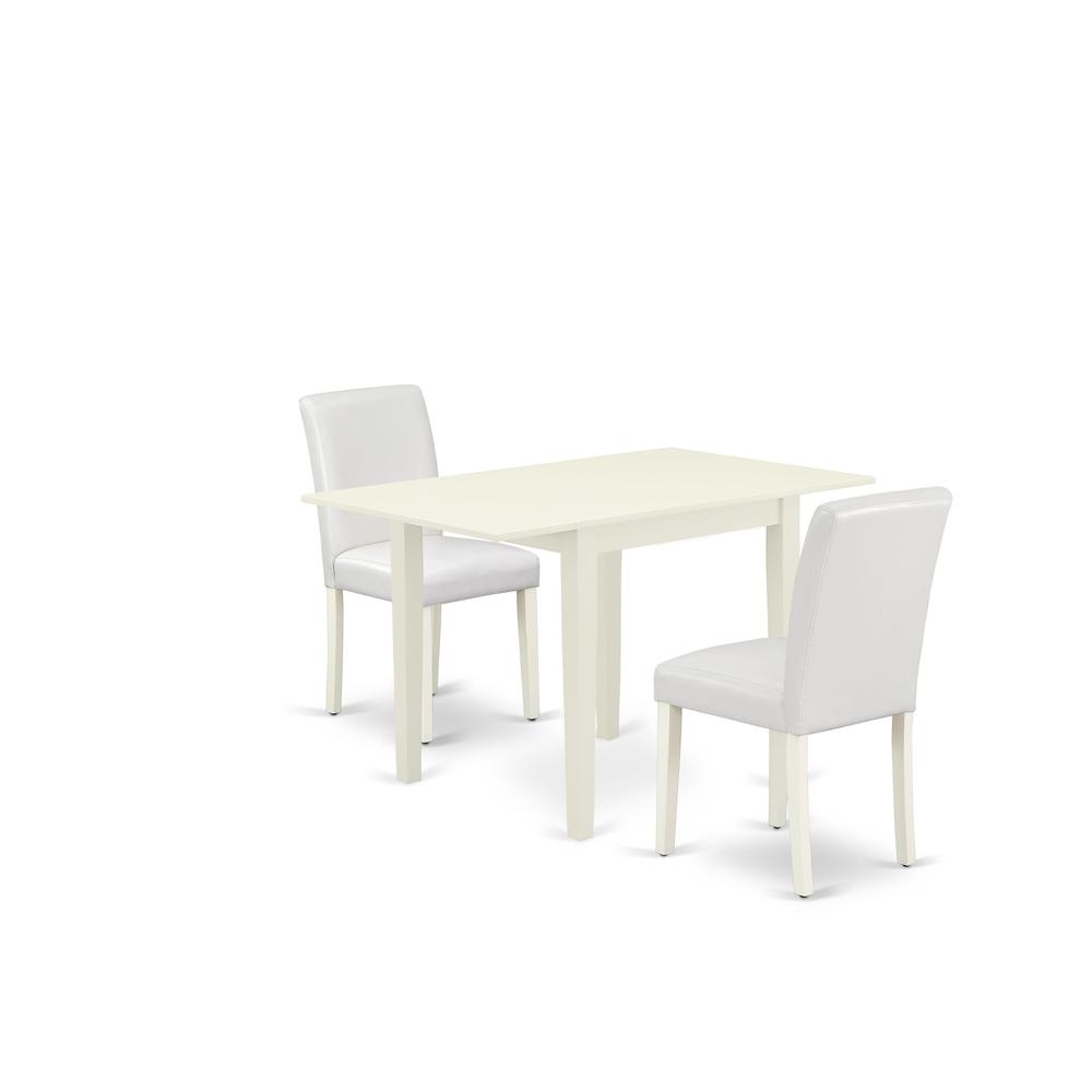 East West Furniture 3-Piece Dining Set-A Wood Table and 2PU Leather Modern Dining Chairs with High Back - Linen White Finish. Picture 1