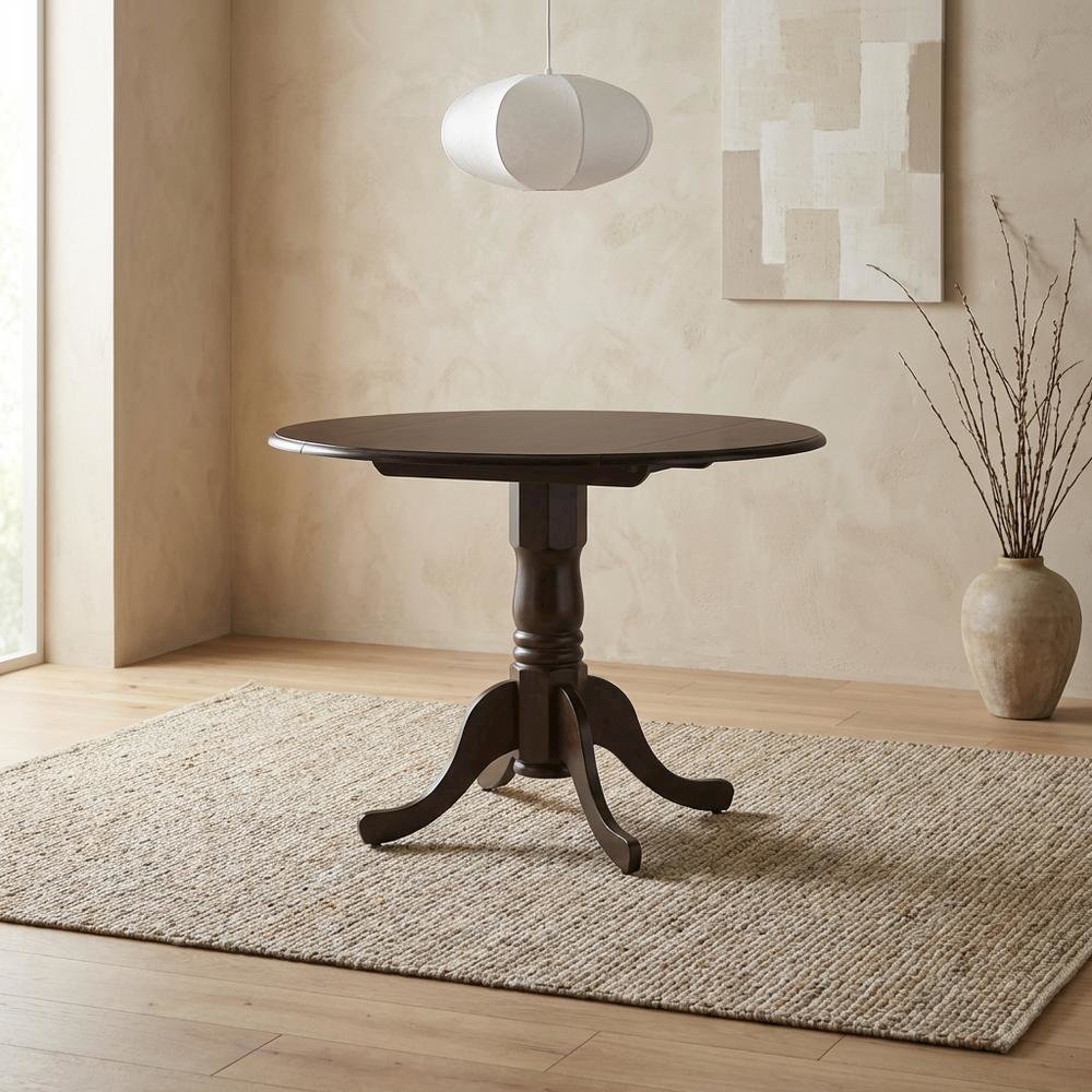 Saddle Brown Drop Leaf Round Table, Pedestal Base, Seats 4. Picture 2