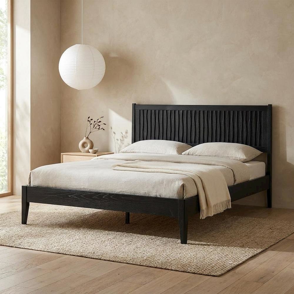 Solid Wood Platform Bed, Headboard & Footboard, No Box Spring, Ebony Oak, Queen. Picture 2