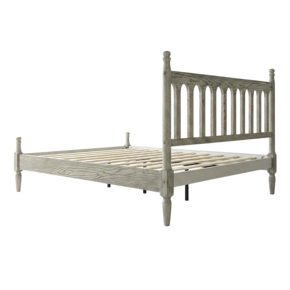Solid Wood Bed with Headboard, Traditional Platform, Weathered Gray Oak, Queen. Picture 4