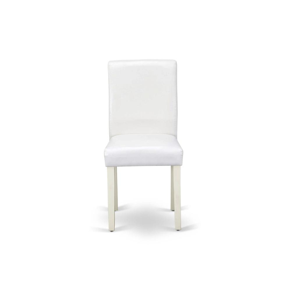 1MZAB5-LWH-64 5Pc Wood Dining Table Set Consists of a Dining Table and 4 Parsons Dining Chairs with White Color PU Leather, Drop Leaf Table with Full Back Chairs, Linen White Finish. Picture 6