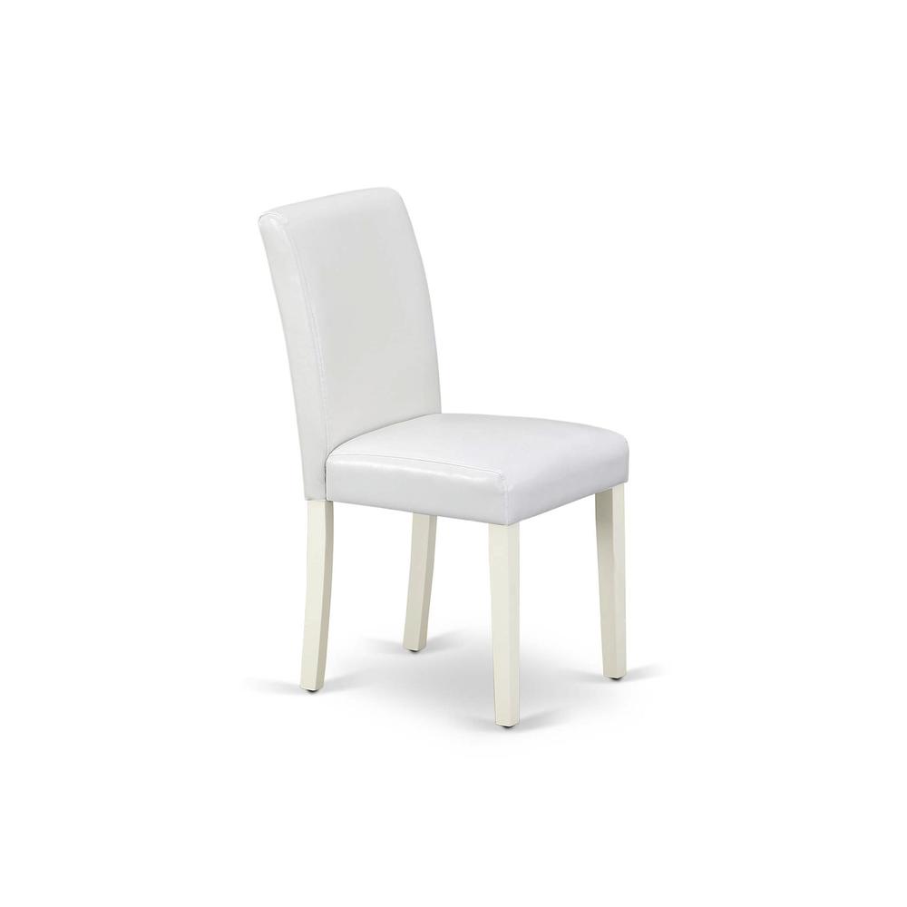 1MZAB5-LWH-64 5Pc Wood Dining Table Set Consists of a Dining Table and 4 Parsons Dining Chairs with White Color PU Leather, Drop Leaf Table with Full Back Chairs, Linen White Finish. Picture 7