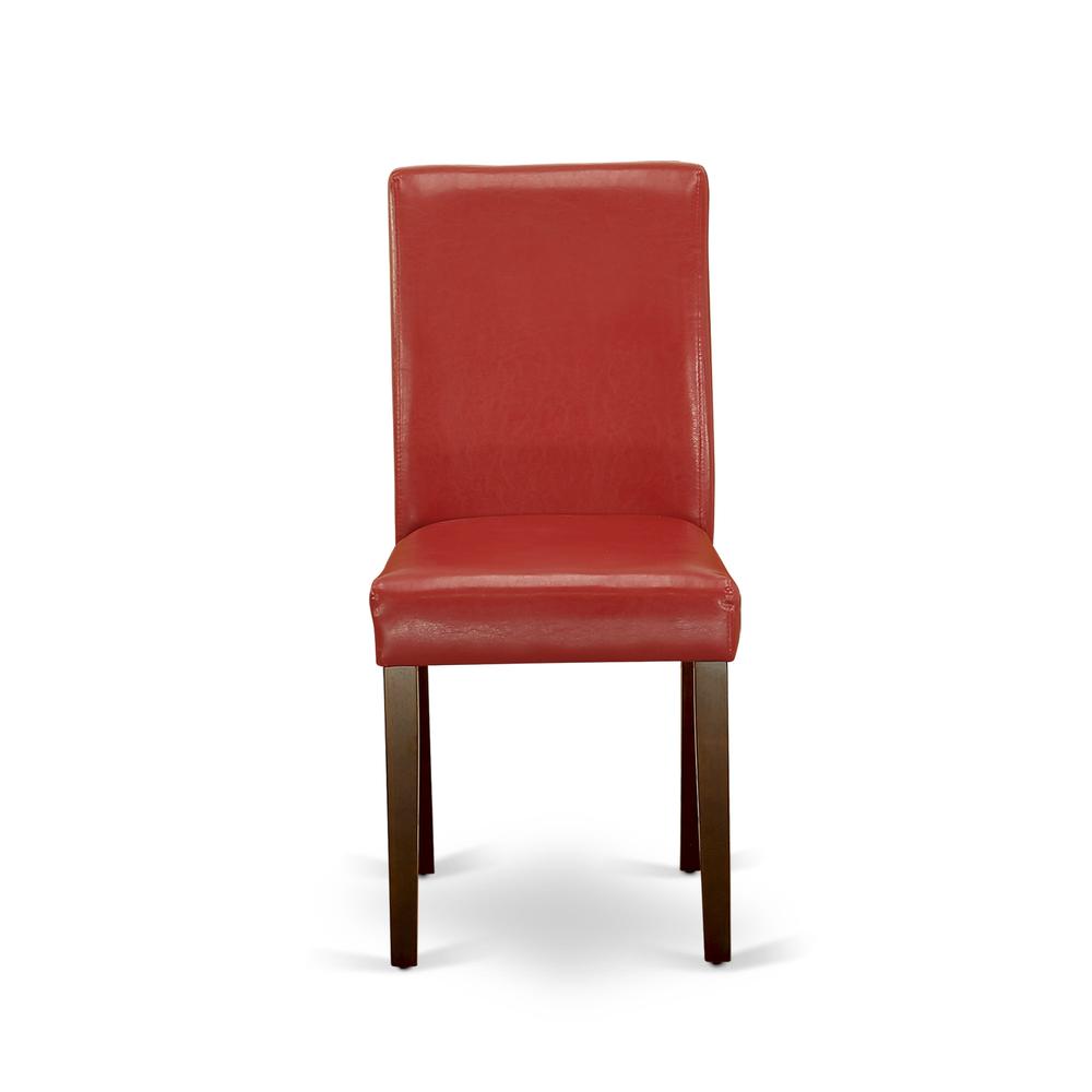 1MZAB5-MAH-72 5Pc Dining Set for 4 Includes a Dining Room Table and 4 Parsons Chairs with Firebrick Red Color PU Leather, Drop Leaf Table with Full Back Chairs, Mahogany Finish. Picture 6
