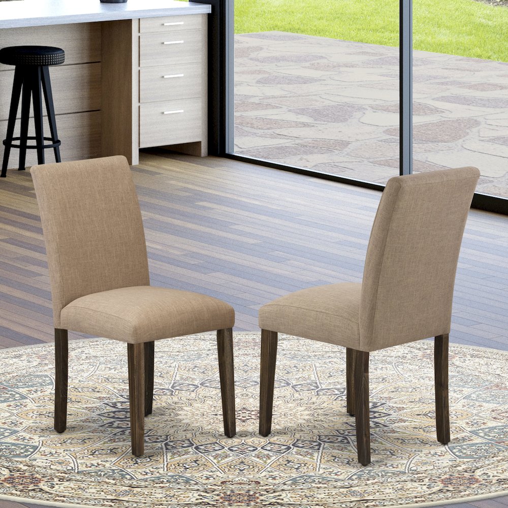 East West Furniture Set of 2 Parsons Chairs - Doeskin Linen Fabric Seat and High Back - Antique Walnut Finish. Picture 3