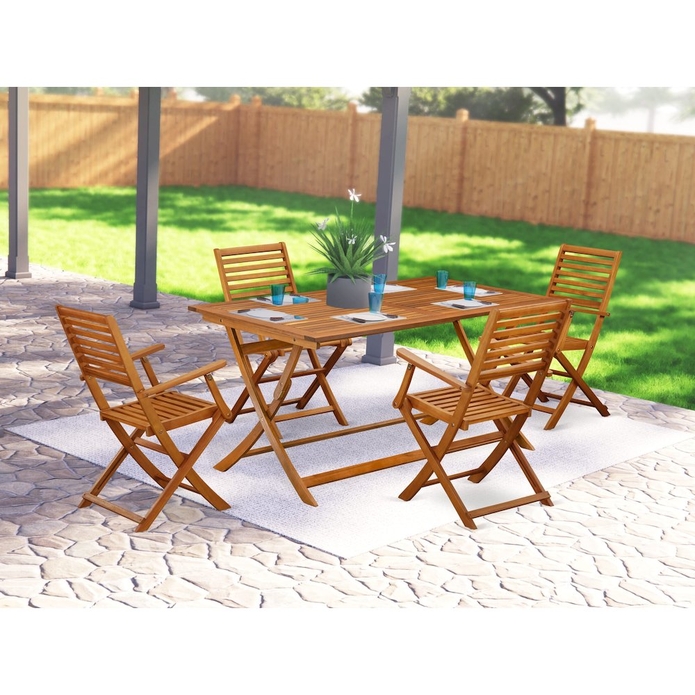 East West Furniture 5 Piece Excellent Folding Table Set- Great for The Shore, Camping, Picnics - Beautiful Wood Patio Table with 4 Lawn ArmChairs- Natural Oil Finish. Picture 2