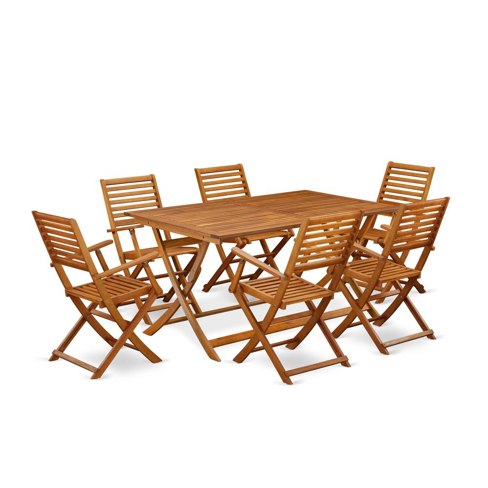 East West Furniture 7 Piece Bistro Table Set Outdoor- Great for The Beach, Campy, Picnics - Wonderful Wood Folding Table with 6 Arms Less Modern Dining Chairs- Natural Oil Finish. Picture 1