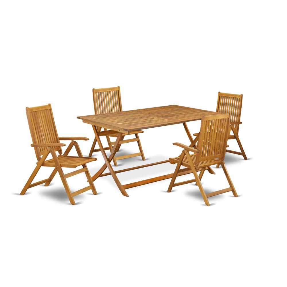 AECN5C5NA - 5 Piece Innovative Patio Dining Set - An Outdoor Table with Multi-Positions 4 Folding Patio Chairs- Natural Oil Finish. Picture 1