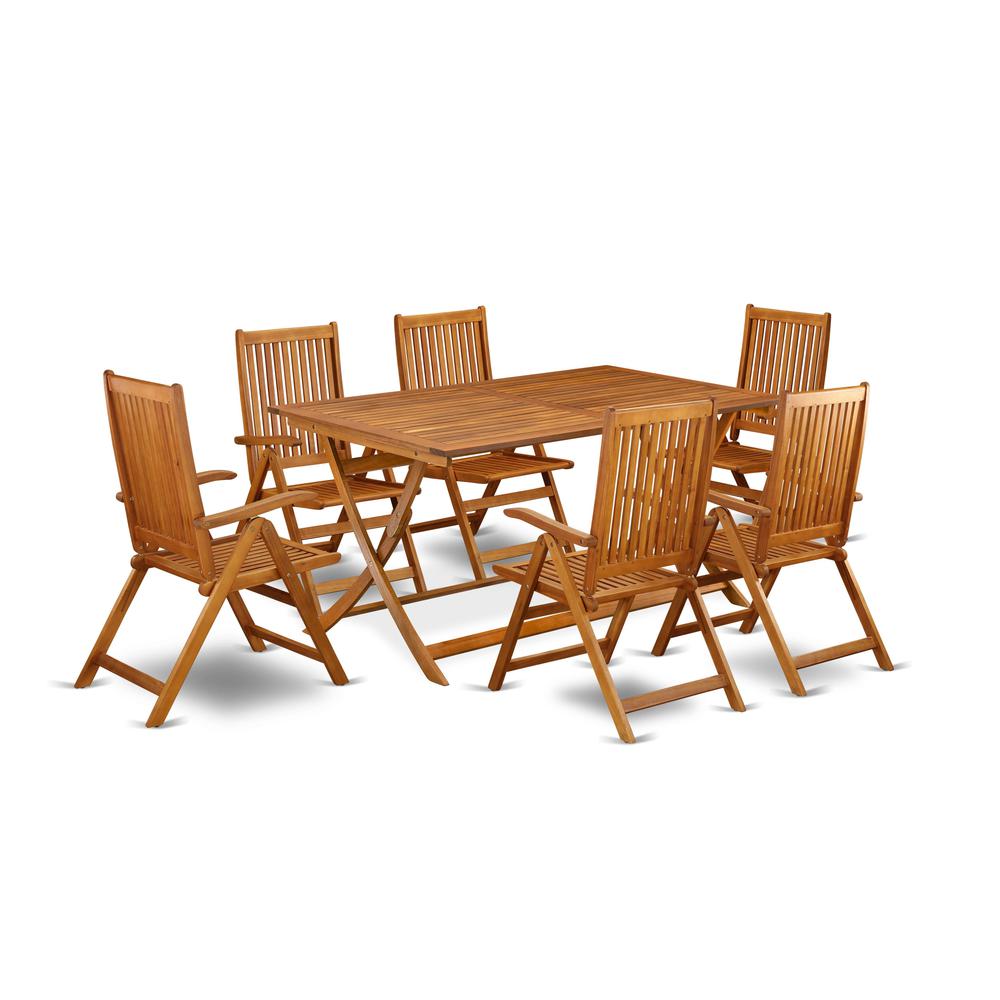 AECN7C5NA - 7 Piece Modern Folding Table Set-Beautiful Wood Table with Multi-Positions 6 Outdoor Patio Chairs- Natural Oil Finish. Picture 1