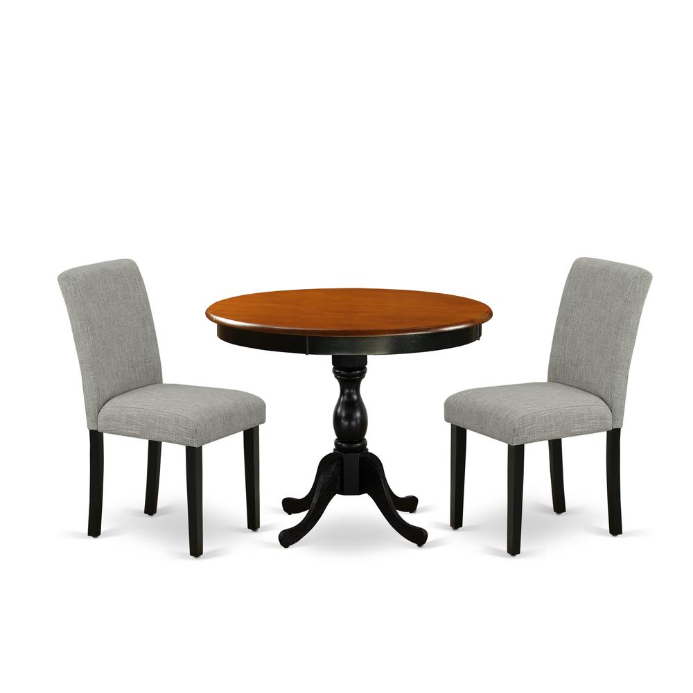 East West Furniture 3-Pc Dinning Room Set Contains a Round Dining Room Table and 2 Shitake Linen Fabric Dinner Chairs with High Back - Black Finish. Picture 1